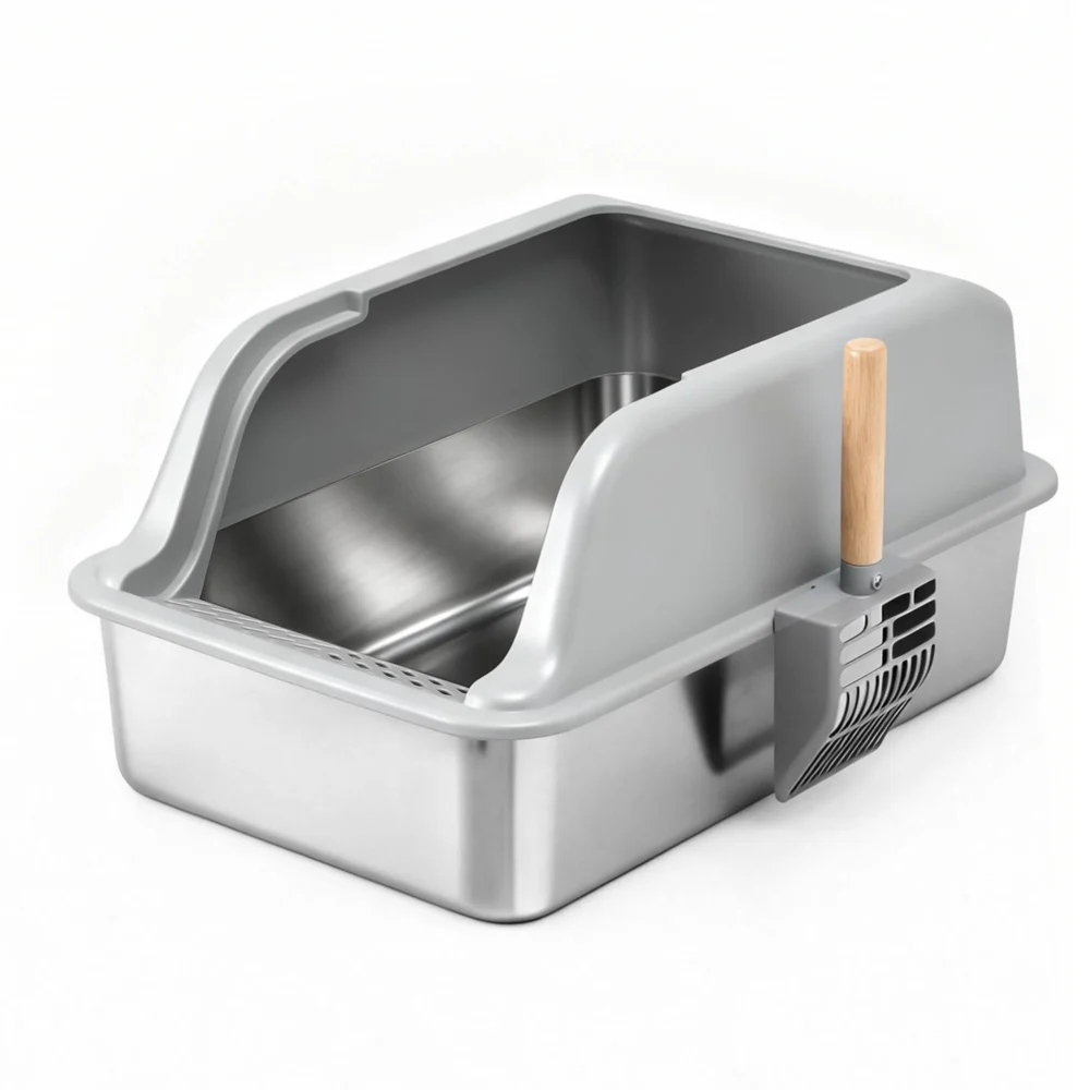 i.Pet Cat Litter Box Stainless Steel Large Semi-Enclosed Pet Kitty Toilet Grey
