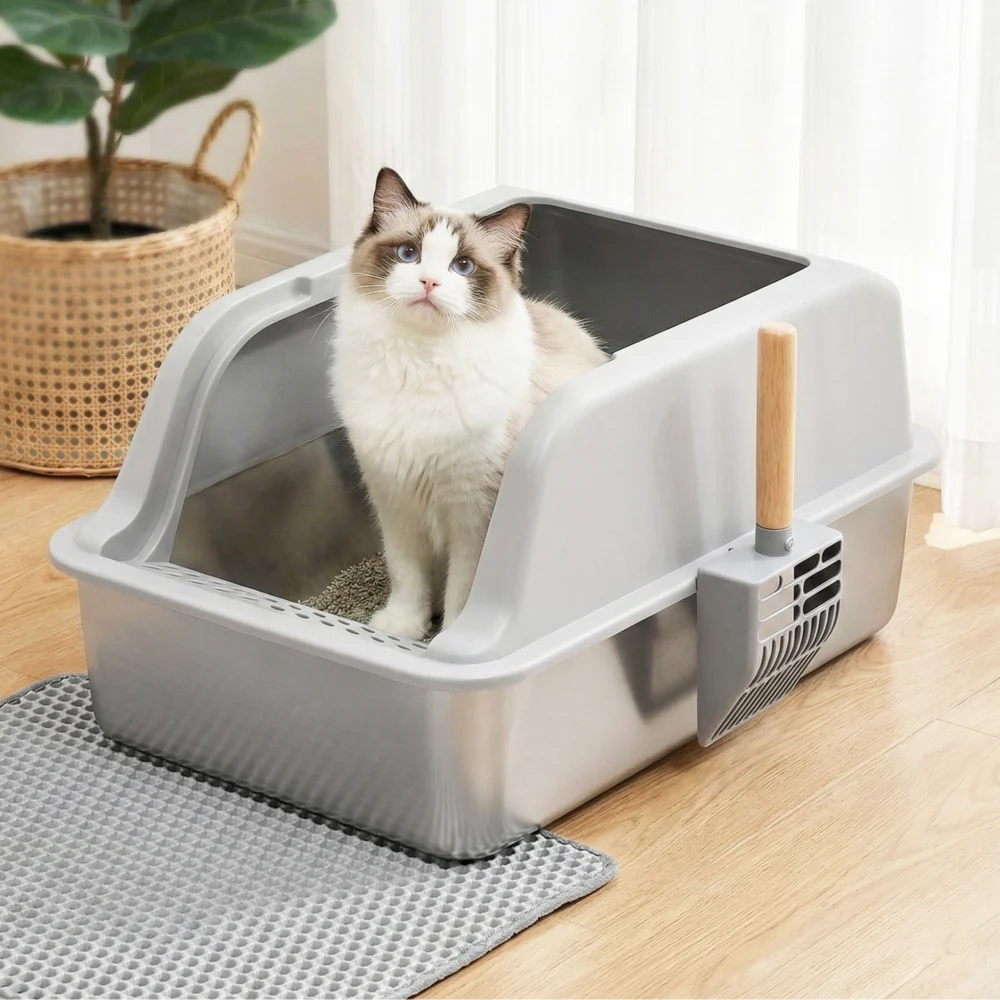 i.Pet Cat Litter Box Stainless Steel Large Semi-Enclosed Pet Kitty Toilet Grey