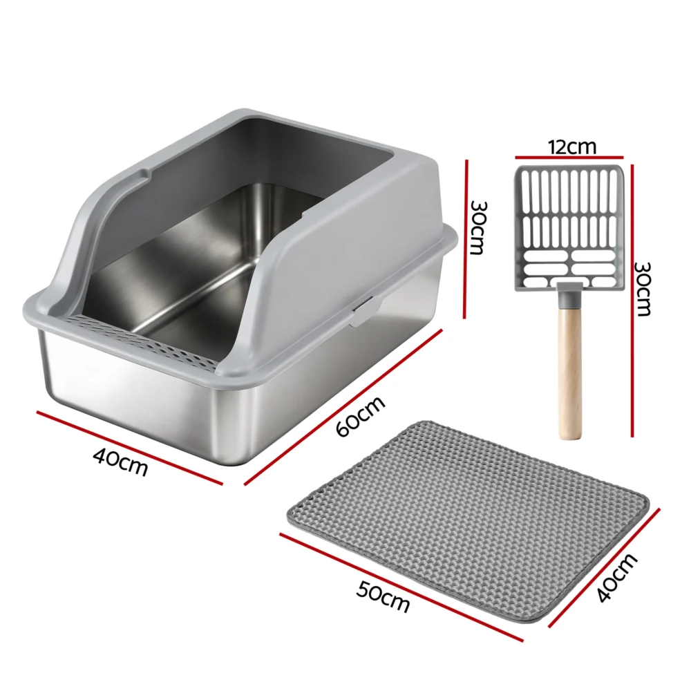 i.Pet Cat Litter Box Stainless Steel Large Semi-Enclosed Pet Kitty Toilet Grey