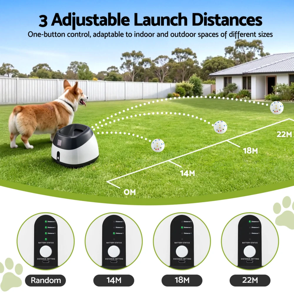 i.Pet Dog Ball Launcher Thrower w/ 6 ETPU Balls & 14/18/22m Launch Distance