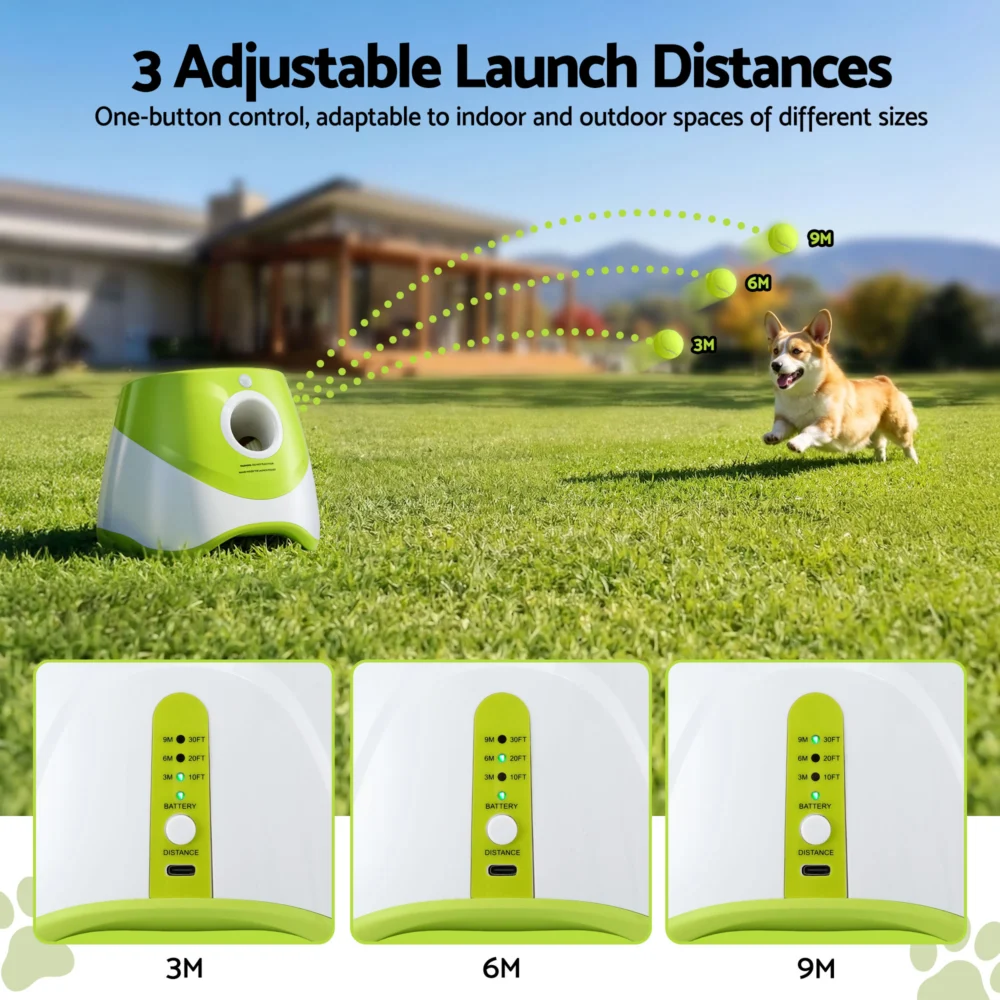i.Pet Dog Ball Launcher Thrower with 6 Balls & 3/6/9m Launch Distances Green