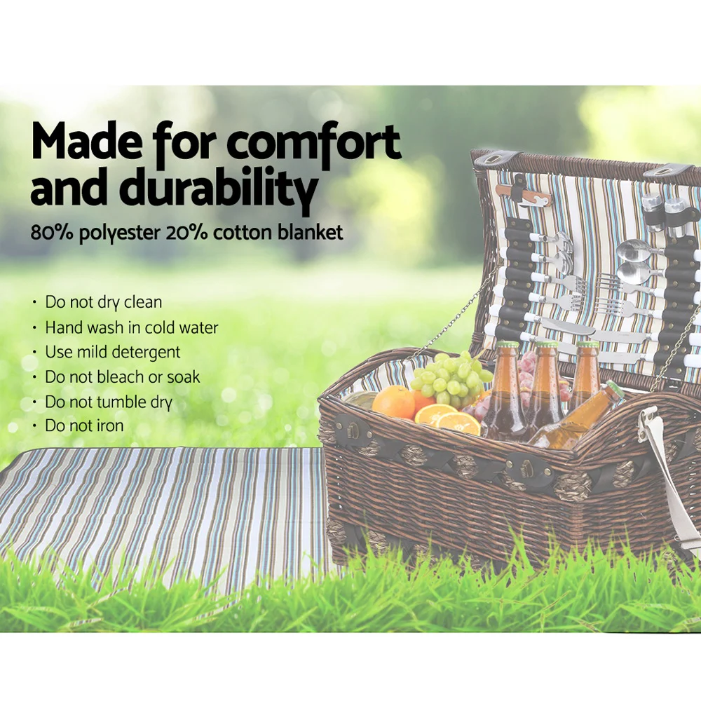 Alfresco 4 Person Picnic Basket Set Wooden Blanket Cooler Bag Outdoor Insulated