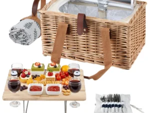Alfresco 4 Person Picnic Basket Set with Table Blanket Cooler Wooden Insulated