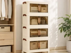 Artiss 4-Tier Foldable Storage Cabinet Stackable Box Clear Magnetic Door White