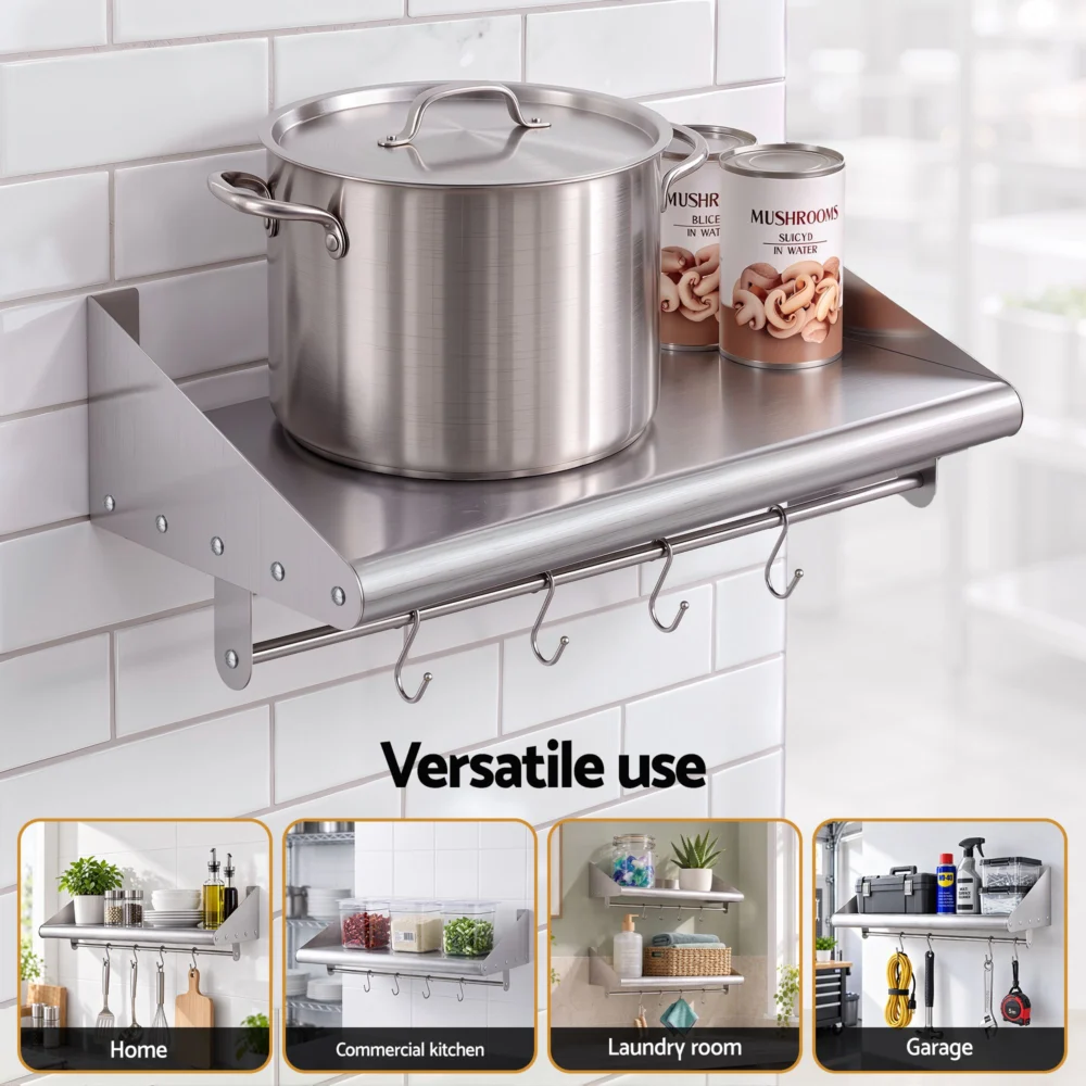 Cefito 610mm 430 Stainless Steel Wall Shelf with Hooks and Side Guards