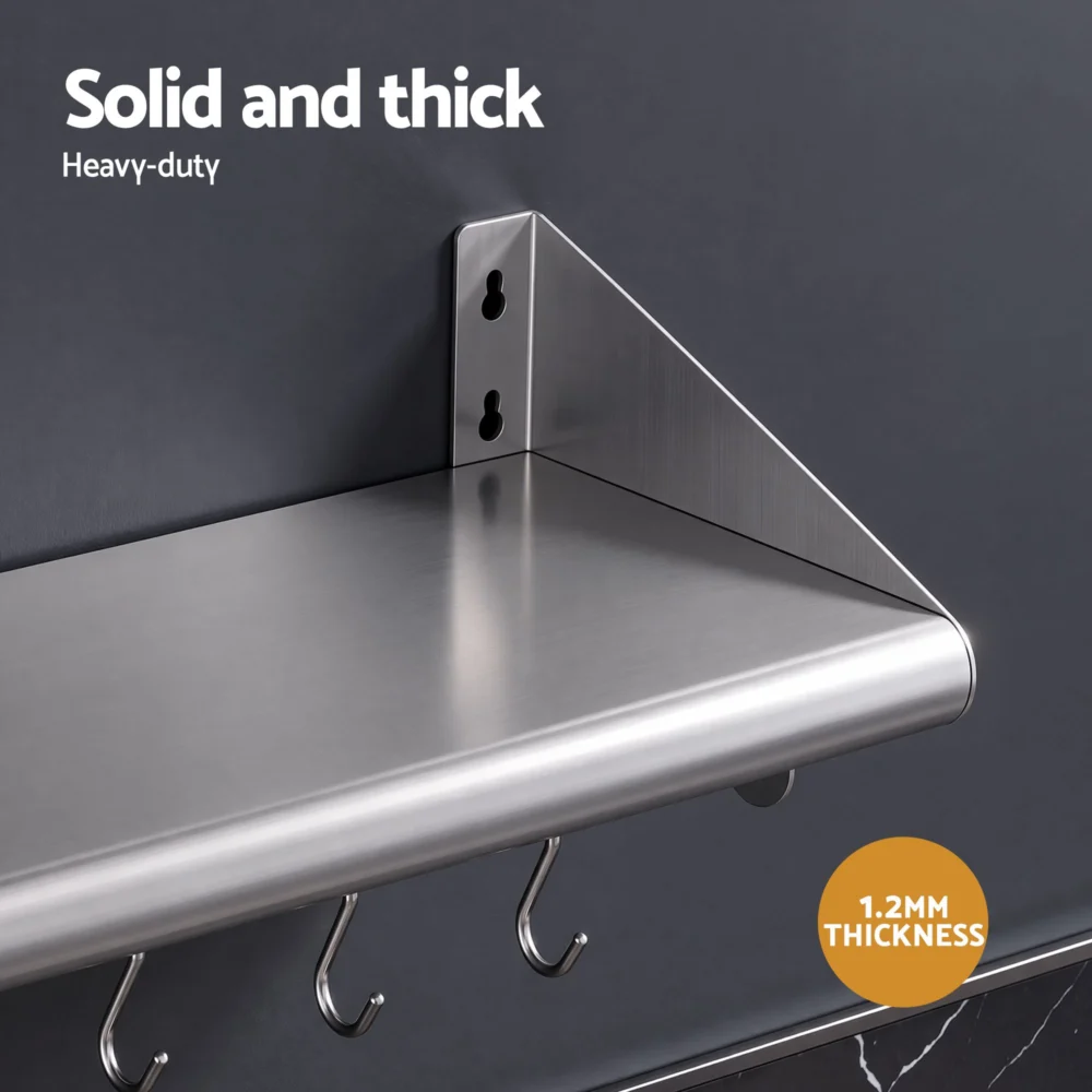 Cefito 610mm 430 Stainless Steel Wall Shelf with Hooks and Side Guards