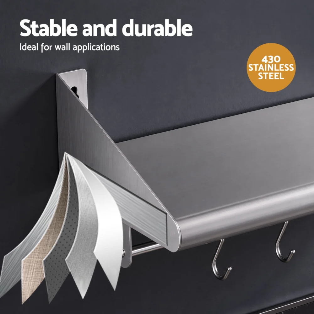 Cefito 610mm 430 Stainless Steel Wall Shelf with Hooks and Side Guards