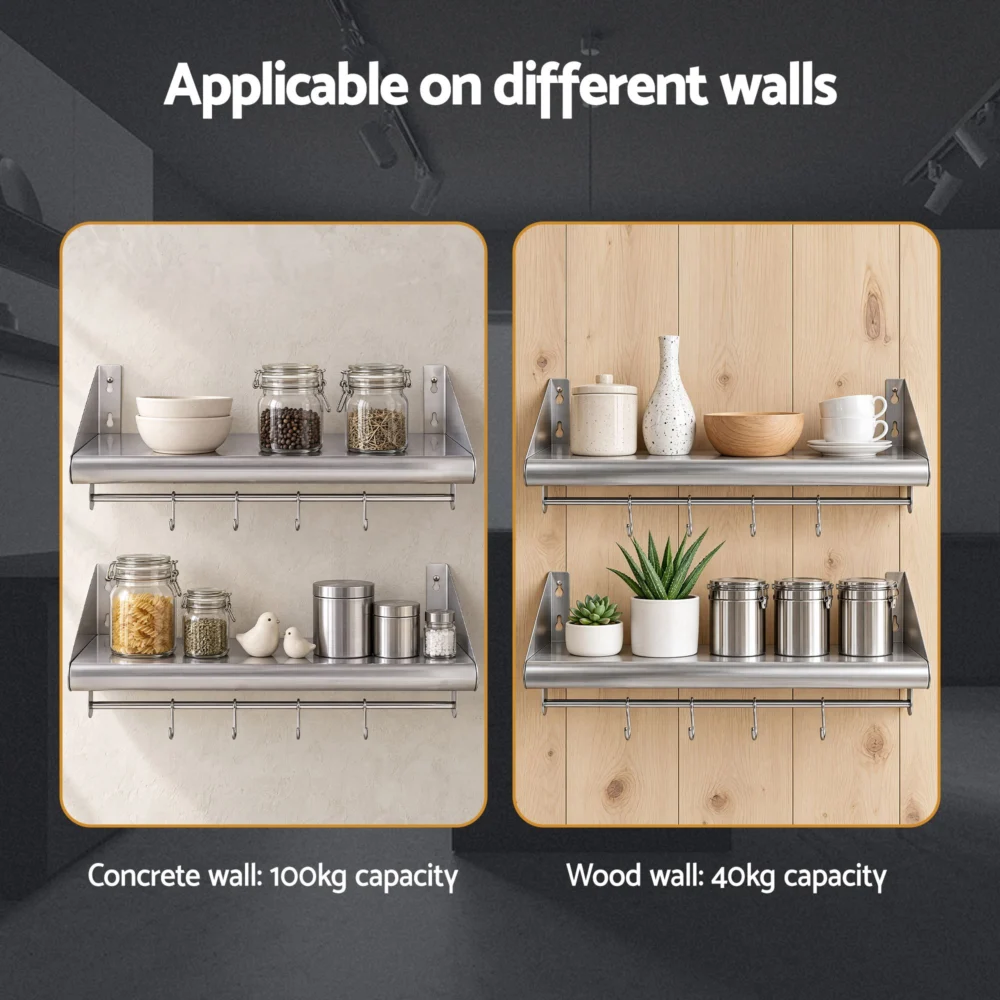Cefito 610mm 430 Stainless Steel Wall Shelf with Hooks and Side Guards