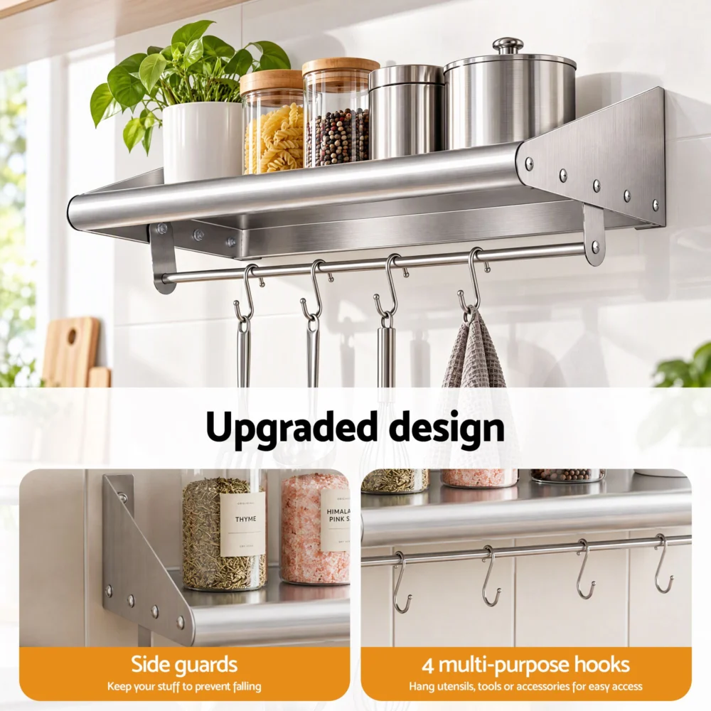 Cefito 610mm 430 Stainless Steel Wall Shelf with Hooks and Side Guards