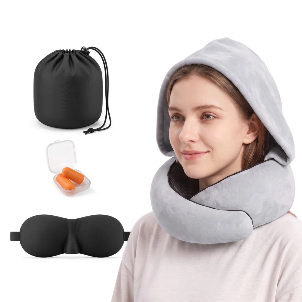Wanderlite Hooded Travel Neck Pillow for Airplane Memory Foam w/ Eye Mask