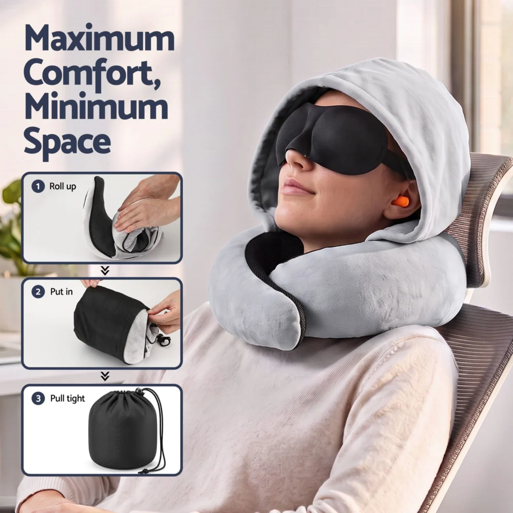 Wanderlite Hooded Travel Neck Pillow for Airplane Memory Foam w/ Eye Mask