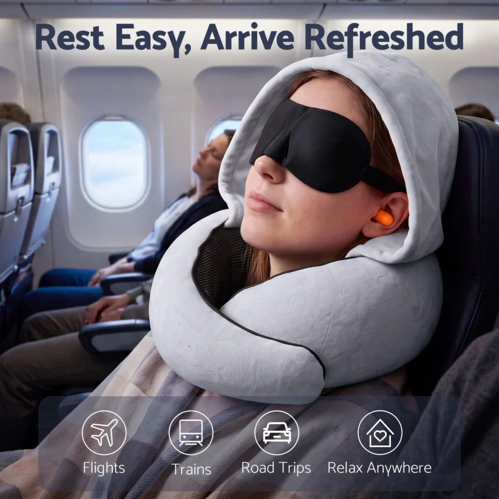Wanderlite Hooded Travel Neck Pillow for Airplane Memory Foam w/ Eye Mask
