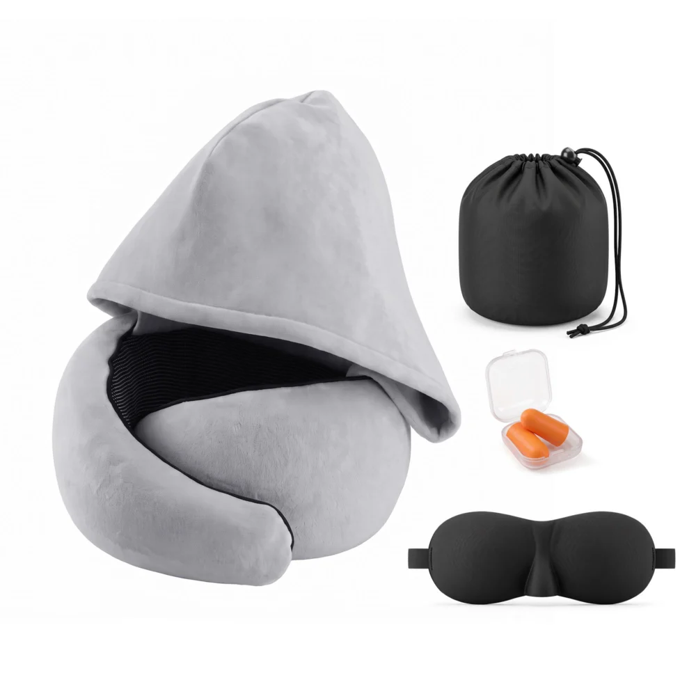 Wanderlite Hooded Travel Neck Pillow for Airplane Memory Foam w/ Eye Mask