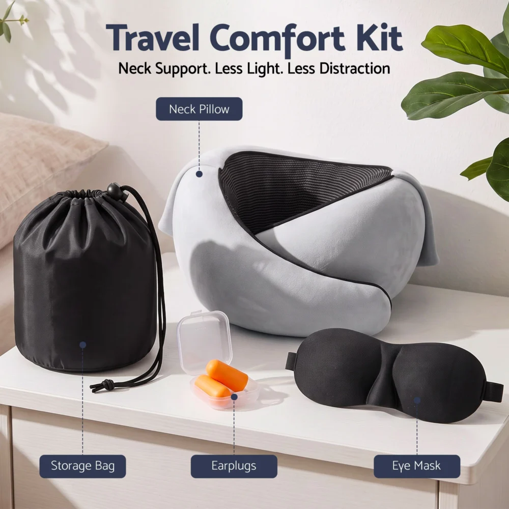 Wanderlite Hooded Travel Neck Pillow for Airplane Memory Foam w/ Eye Mask