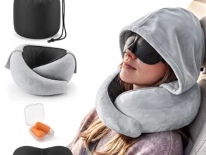 Wanderlite Hooded Travel Neck Pillow for Airplane Memory Foam w/ Eye Mask