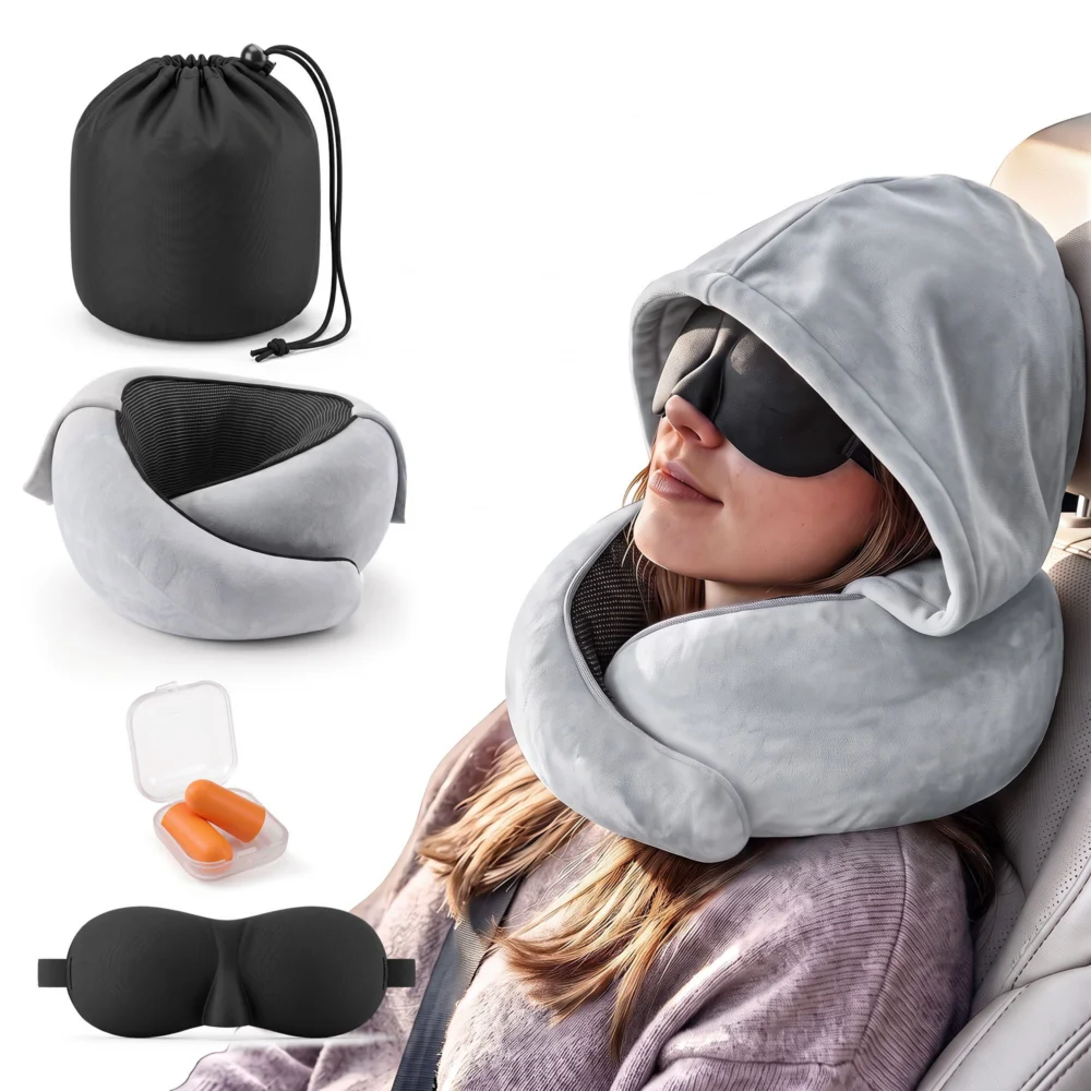 Wanderlite Hooded Travel Neck Pillow for Airplane Memory Foam w/ Eye Mask