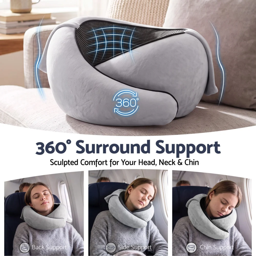 Wanderlite Hooded Travel Neck Pillow for Airplane Memory Foam w/ Eye Mask