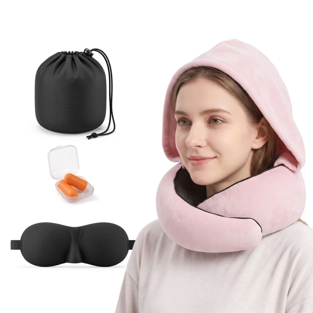 Wanderlite Hooded Travel Neck Pillow for Airplane Memory Foam w/ Eye Mask