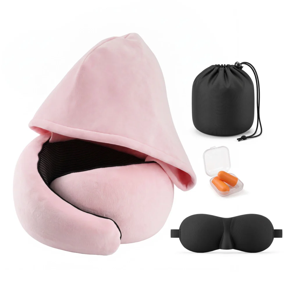 Wanderlite Hooded Travel Neck Pillow for Airplane Memory Foam w/ Eye Mask