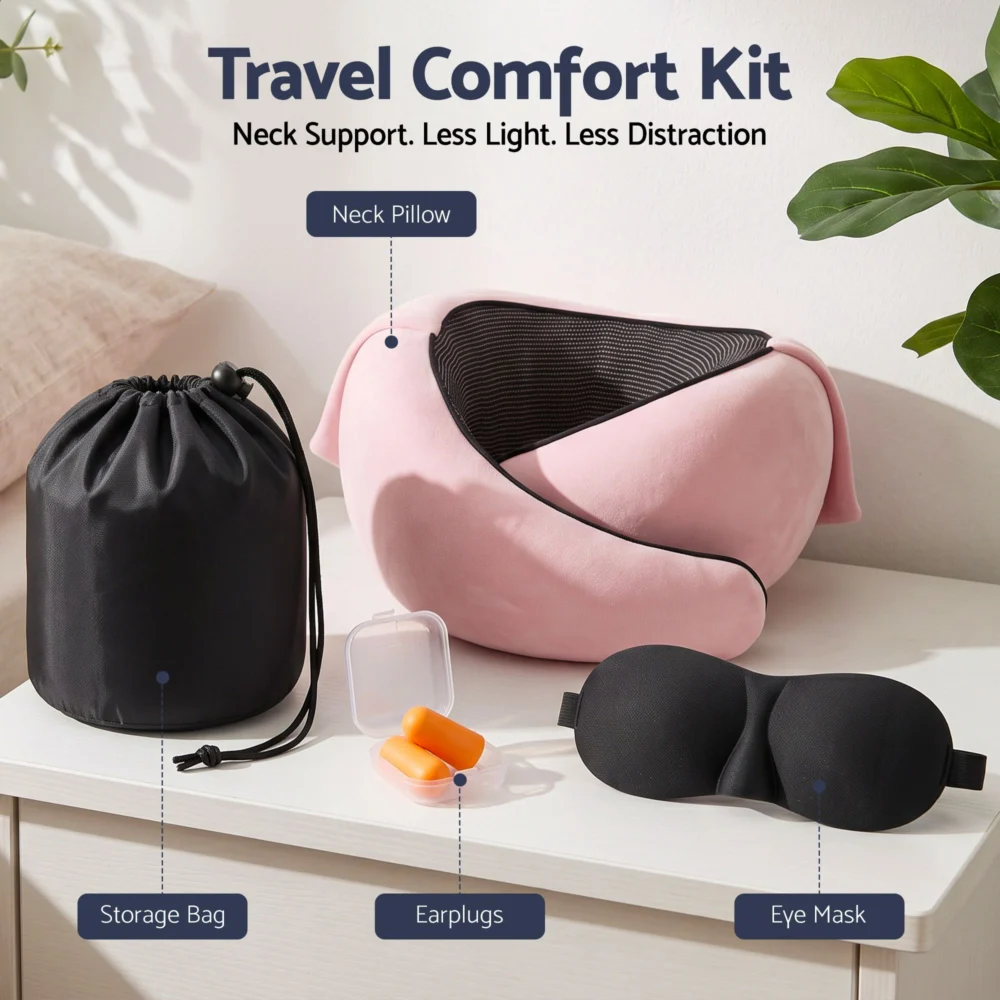 Wanderlite Hooded Travel Neck Pillow for Airplane Memory Foam w/ Eye Mask