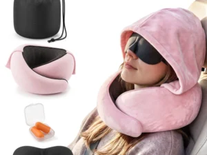 Wanderlite Hooded Travel Neck Pillow for Airplane Memory Foam w/ Eye Mask