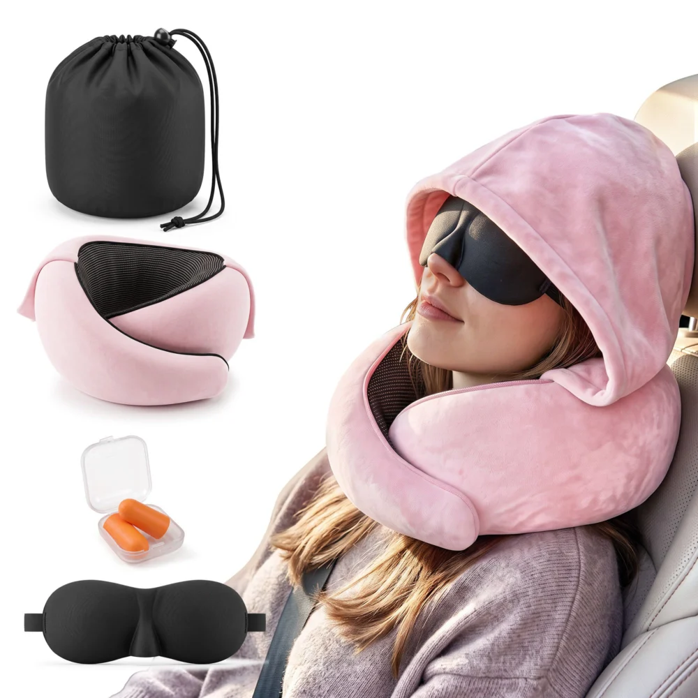 Wanderlite Hooded Travel Neck Pillow for Airplane Memory Foam w/ Eye Mask