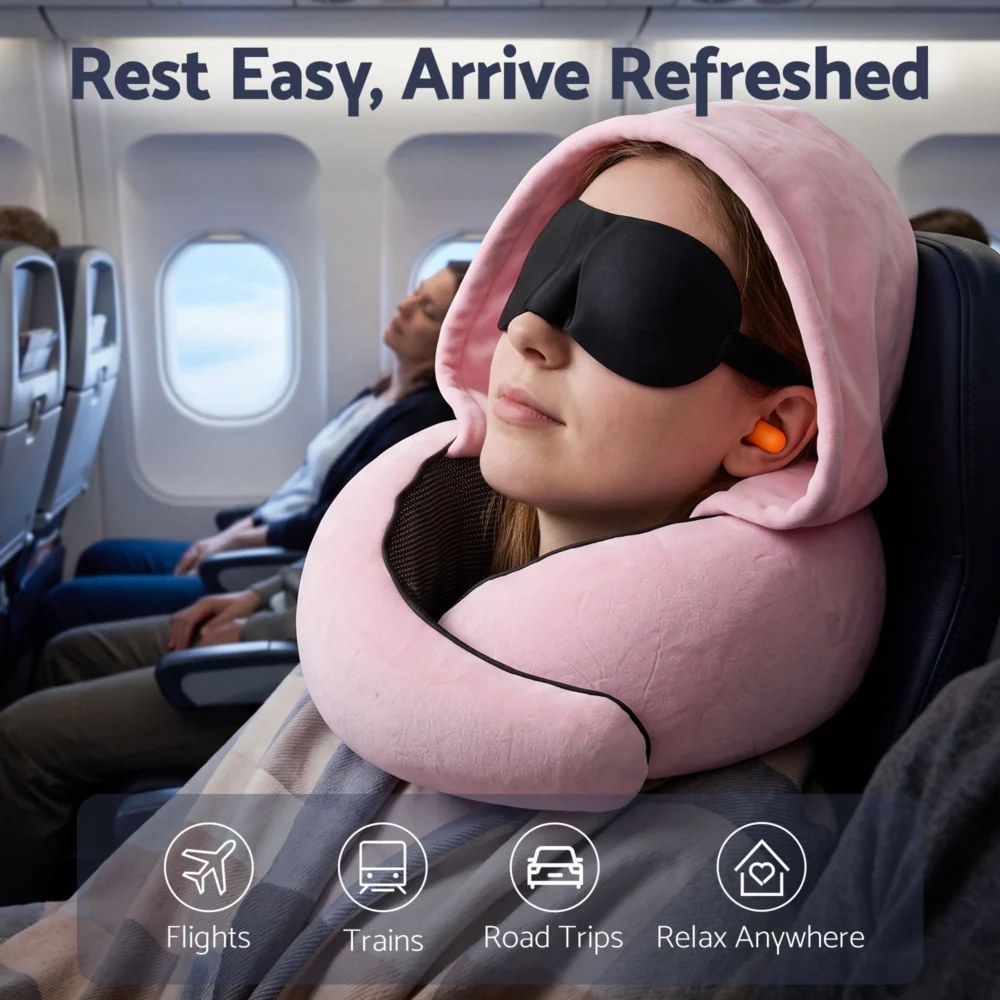 Wanderlite Hooded Travel Neck Pillow for Airplane Memory Foam w/ Eye Mask