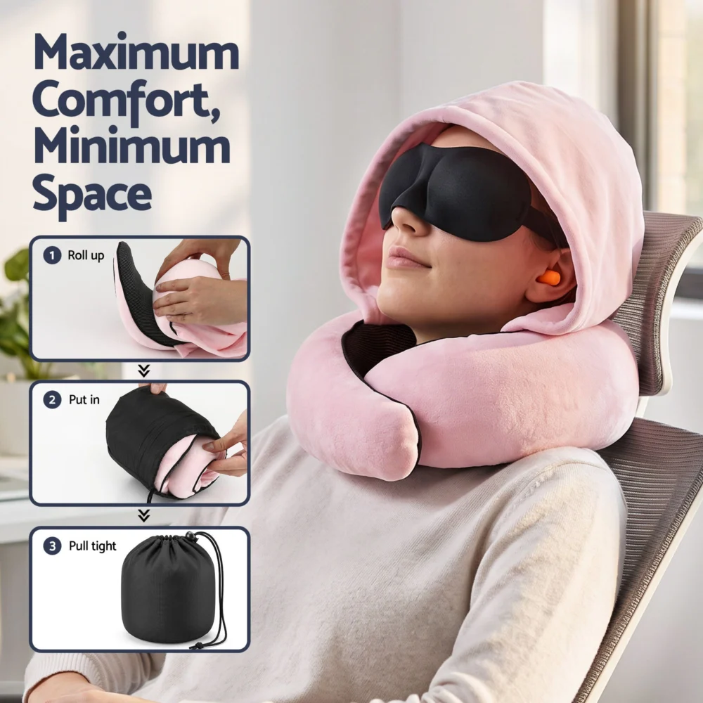 Wanderlite Hooded Travel Neck Pillow for Airplane Memory Foam w/ Eye Mask