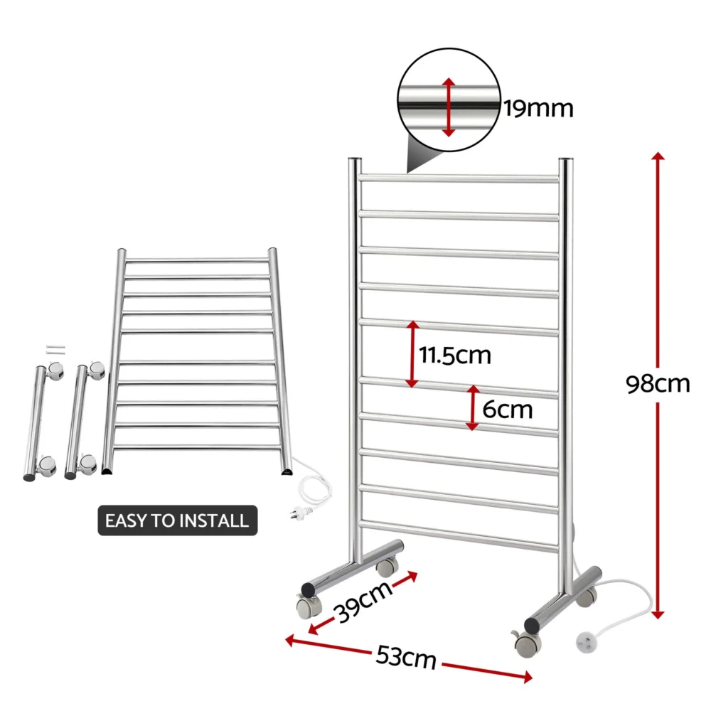 Devanti 10-Bar Freestanding Heated Towel Rail 3-5 Mins Fast Heating Electric