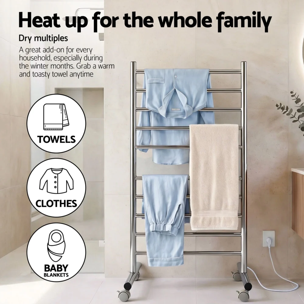 Devanti 10-Bar Freestanding Heated Towel Rail 3-5 Mins Fast Heating Electric