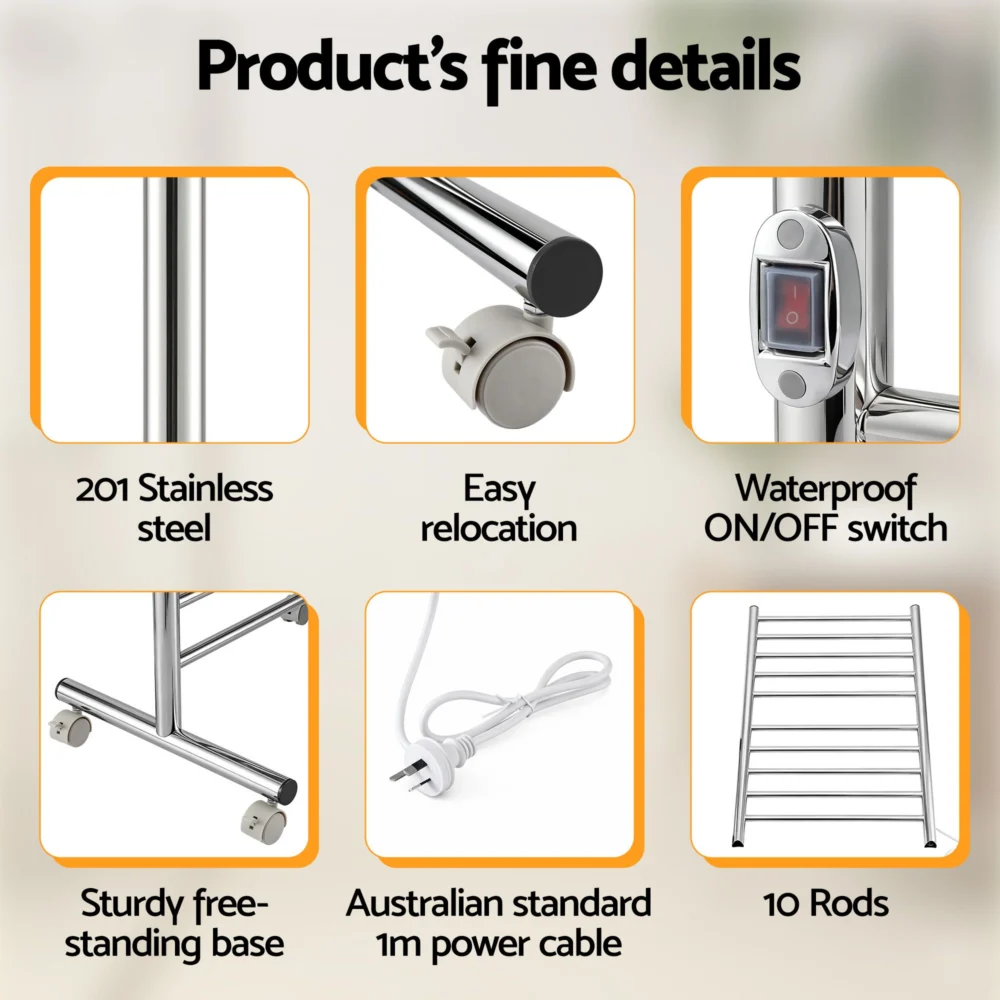 Devanti 10-Bar Freestanding Heated Towel Rail 3-5 Mins Fast Heating Electric