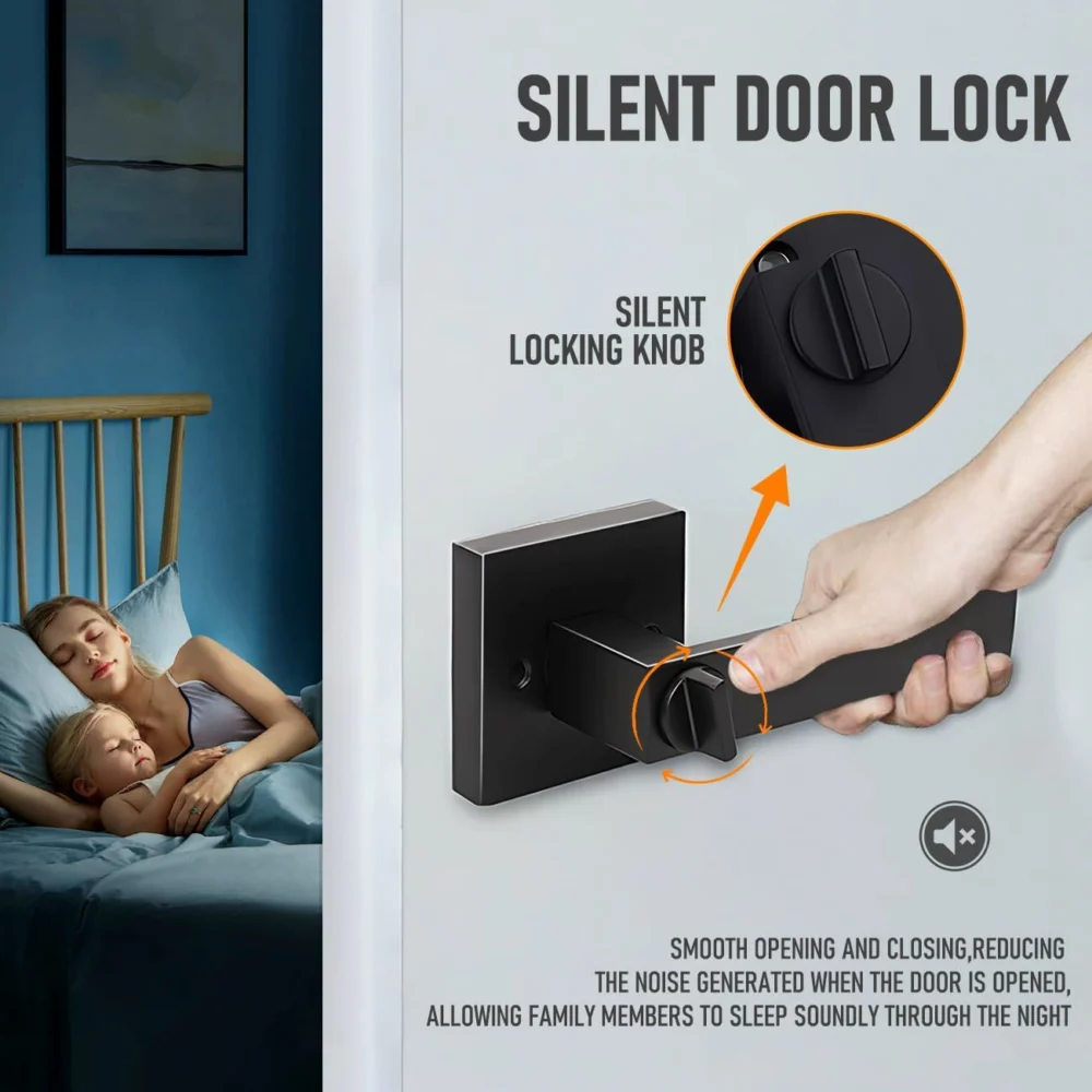 Matte Black Keyless Privacy Door Lever Handle, Heavy Duty Interior Door Lockset
