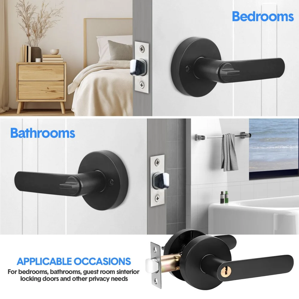 Privacy Door Lever Handle w/ Key, Heavy Duty Interior Door Lock, Round Design, 4