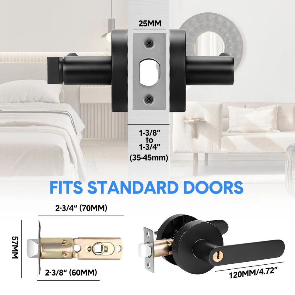 Privacy Door Lever Handle w/ Key, Heavy Duty Interior Door Lock, Round Design, 4