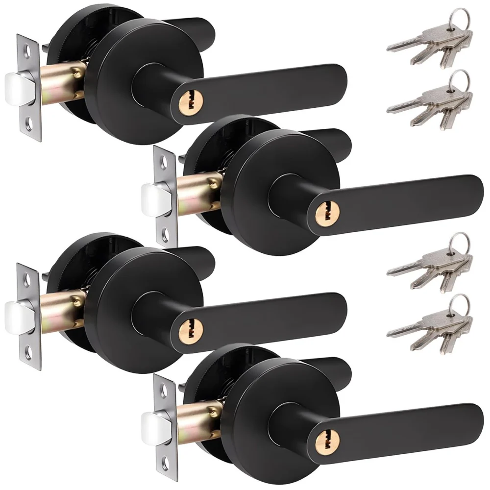 Privacy Door Lever Handle w/ Key, Heavy Duty Interior Door Lock, Round Design, 4