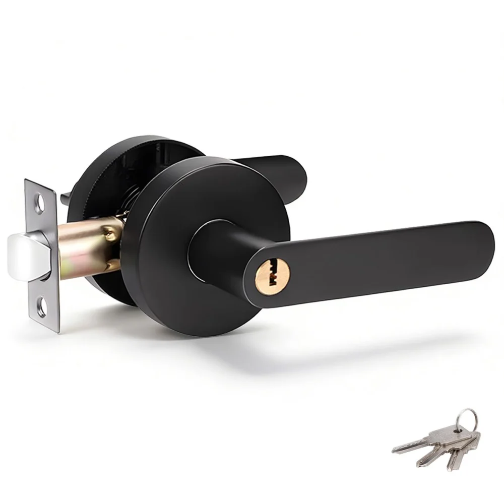 Privacy Door Lever Handle w/ Key, Heavy Duty Interior Door Lock, Round Design, 1