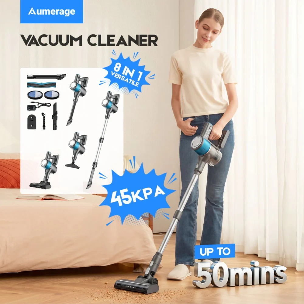 8-in-1 Cordless Vacuum Cleaner 2 Modes Anti-Tangle Brush For Pet Hair On