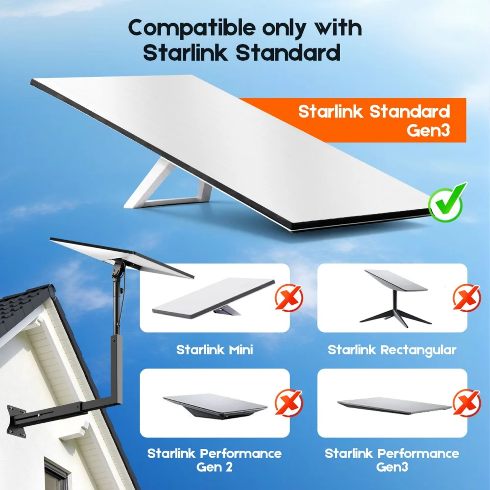 Long Arm Mount for Starlink Gen 3 Standard, Adjustable Telescoping Roof & Wall