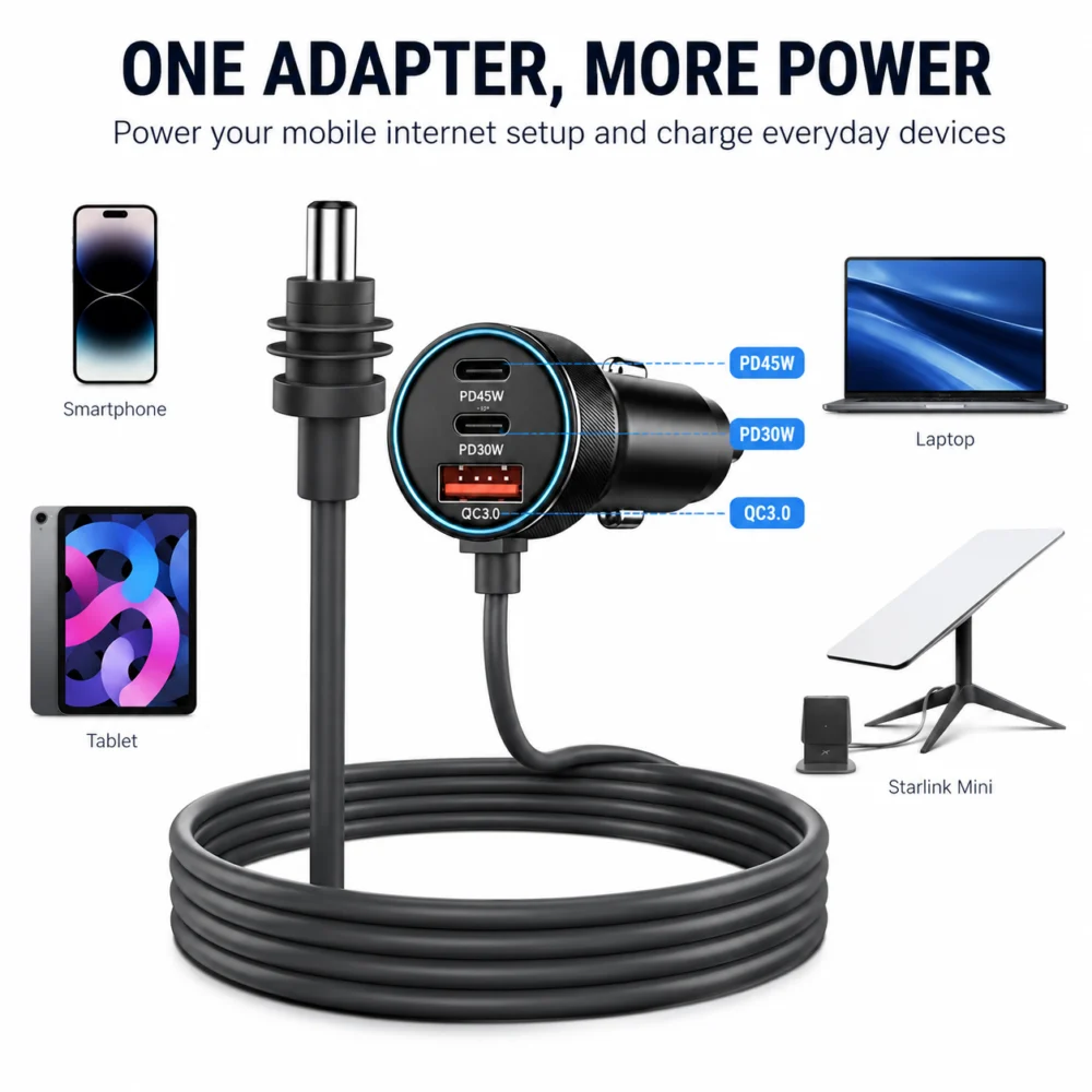 Aumerage Car Charger for Starlink Mini, DC Cable & Cigarette Adapter 3M | 3-in-1