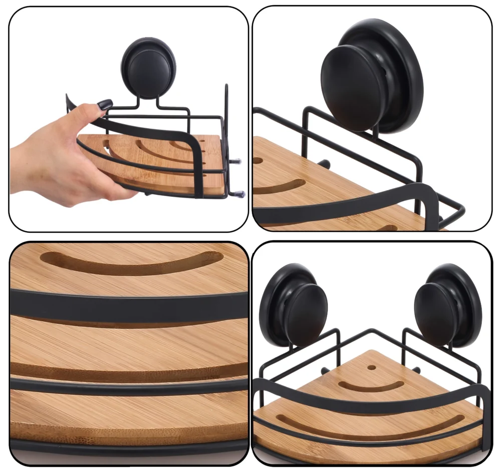 2 Pack Round Bamboo Corner Shower Caddy Shelf Basket Rack w/ Premium Vacuum
