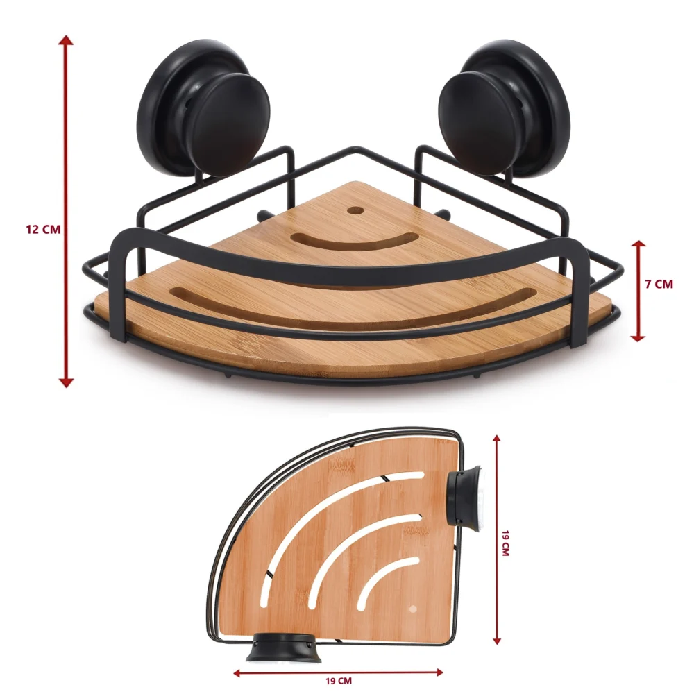 2 Pack Round Bamboo Corner Shower Caddy Shelf Basket Rack w/ Premium Vacuum