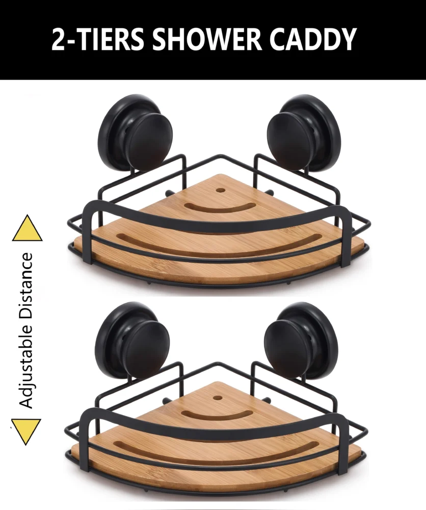 2 Pack Round Bamboo Corner Shower Caddy Shelf Basket Rack w/ Premium Vacuum
