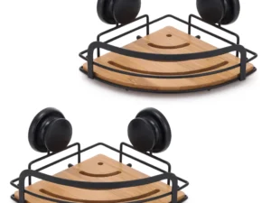 2 Pack Round Bamboo Corner Shower Caddy Shelf Basket Rack w/ Premium Vacuum