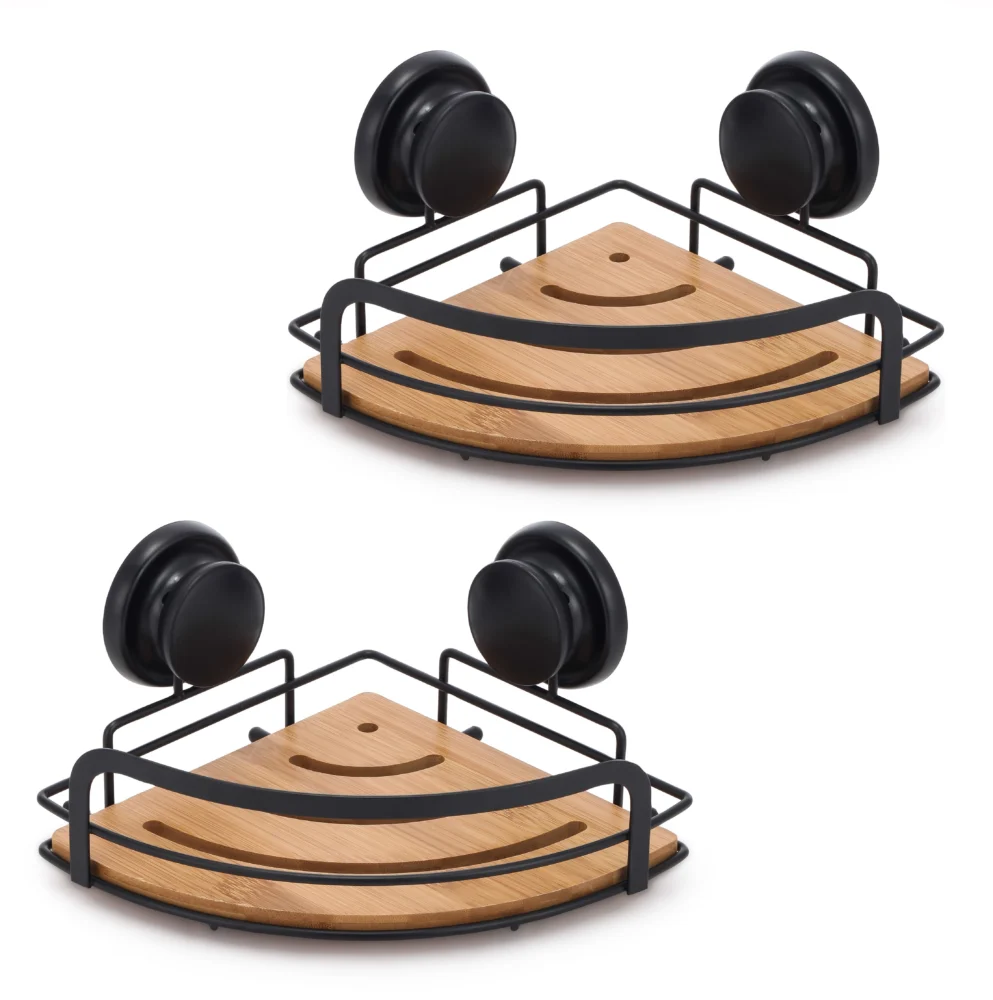 2 Pack Round Bamboo Corner Shower Caddy Shelf Basket Rack w/ Premium Vacuum