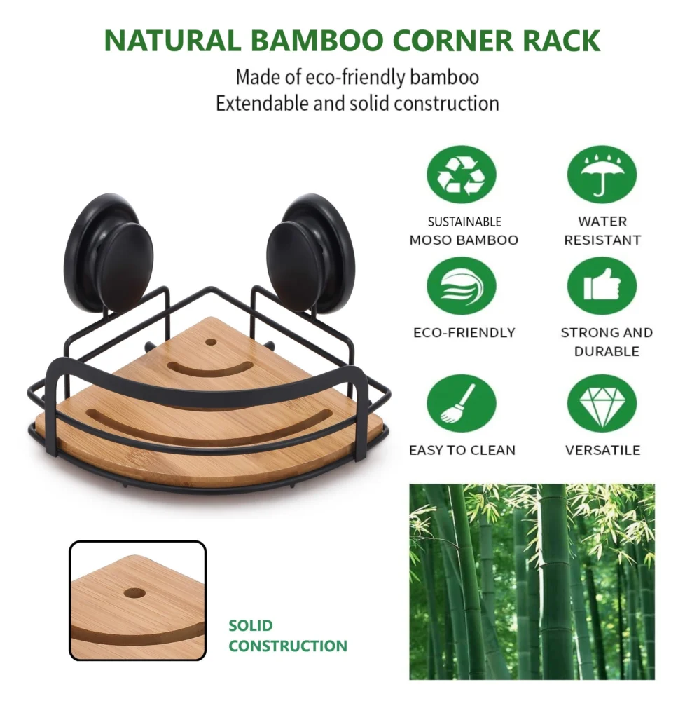 2 Pack Round Bamboo Corner Shower Caddy Shelf Basket Rack w/ Premium Vacuum