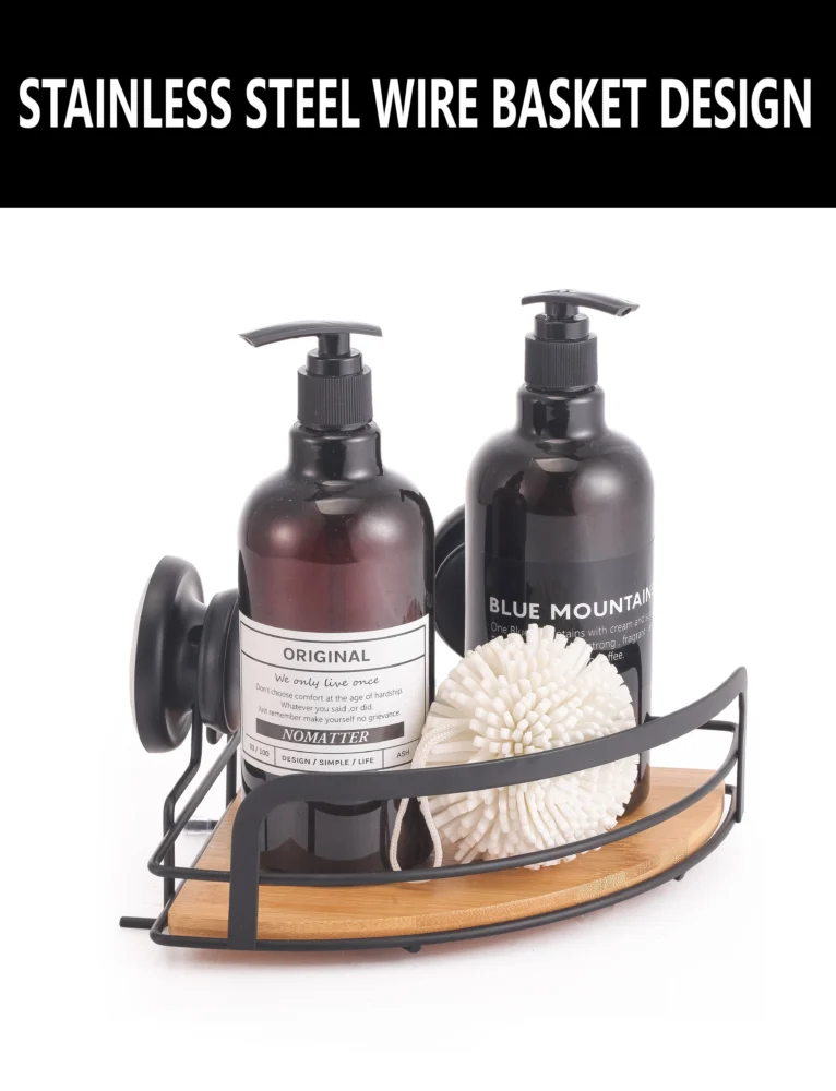 2 Pack Round Bamboo Corner Shower Caddy Shelf Basket Rack w/ Premium Vacuum