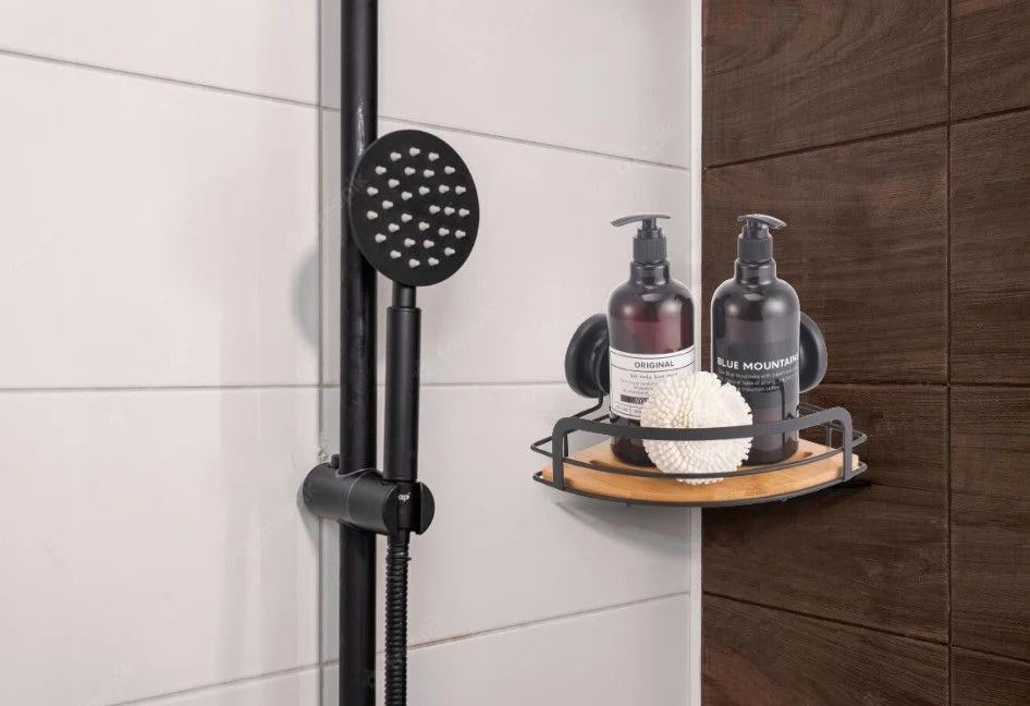 2 Pack Round Bamboo Corner Shower Caddy Shelf Basket Rack w/ Premium Vacuum