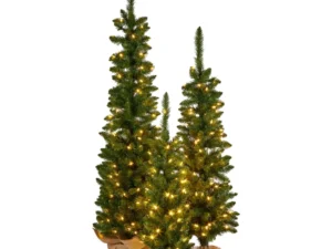 Christabelle 3pc Pre-Lit Christmas Trees Green Pine w/LED Lights, Hessian Base &