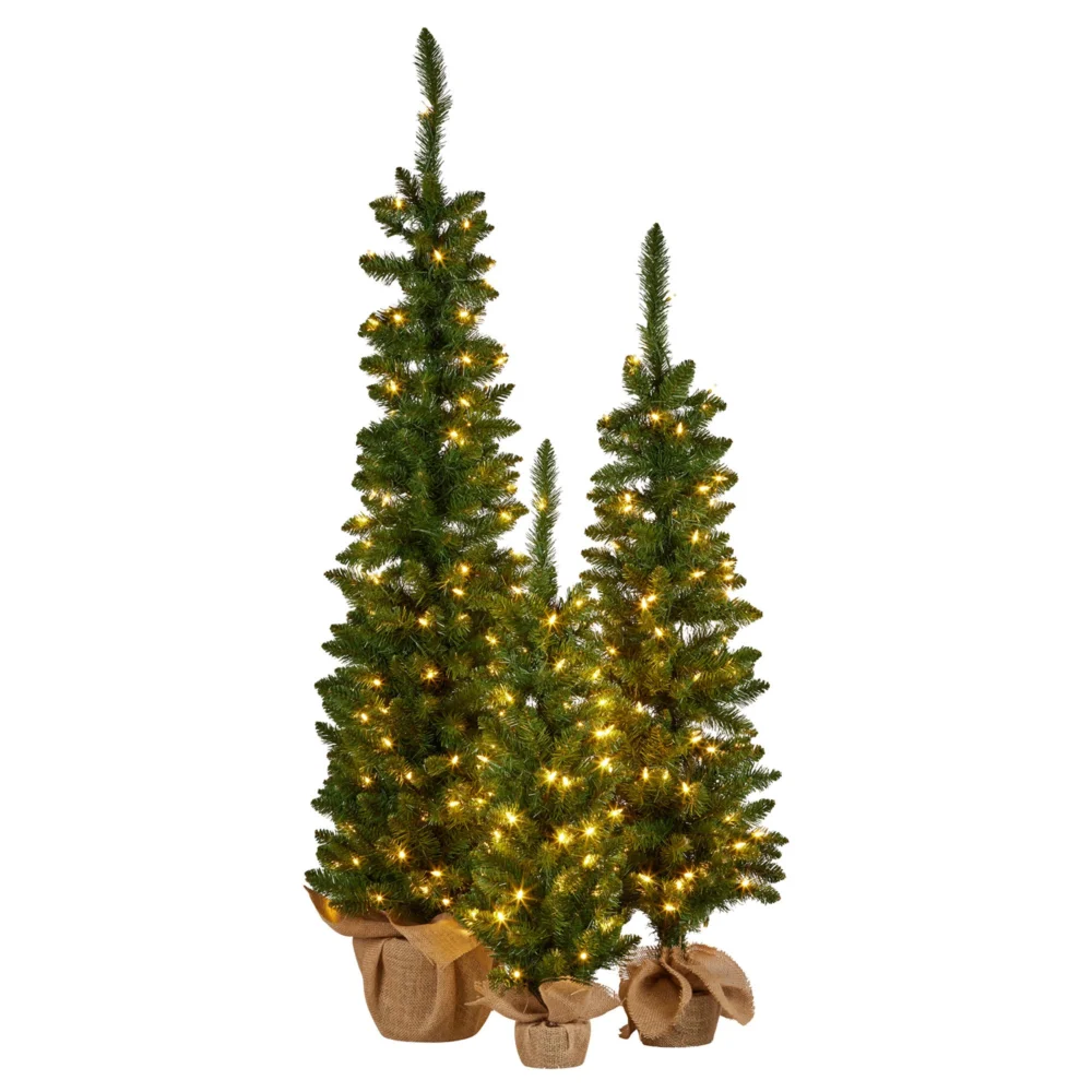 Christabelle 3pc Pre-Lit Christmas Trees Green Pine w/LED Lights, Hessian Base &