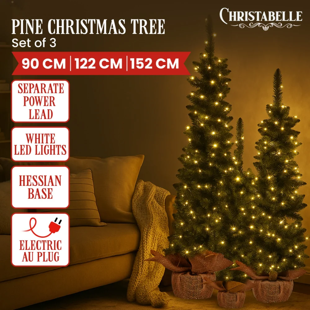 Christabelle 3pc Pre-Lit Christmas Trees Green Pine w/LED Lights, Hessian Base &